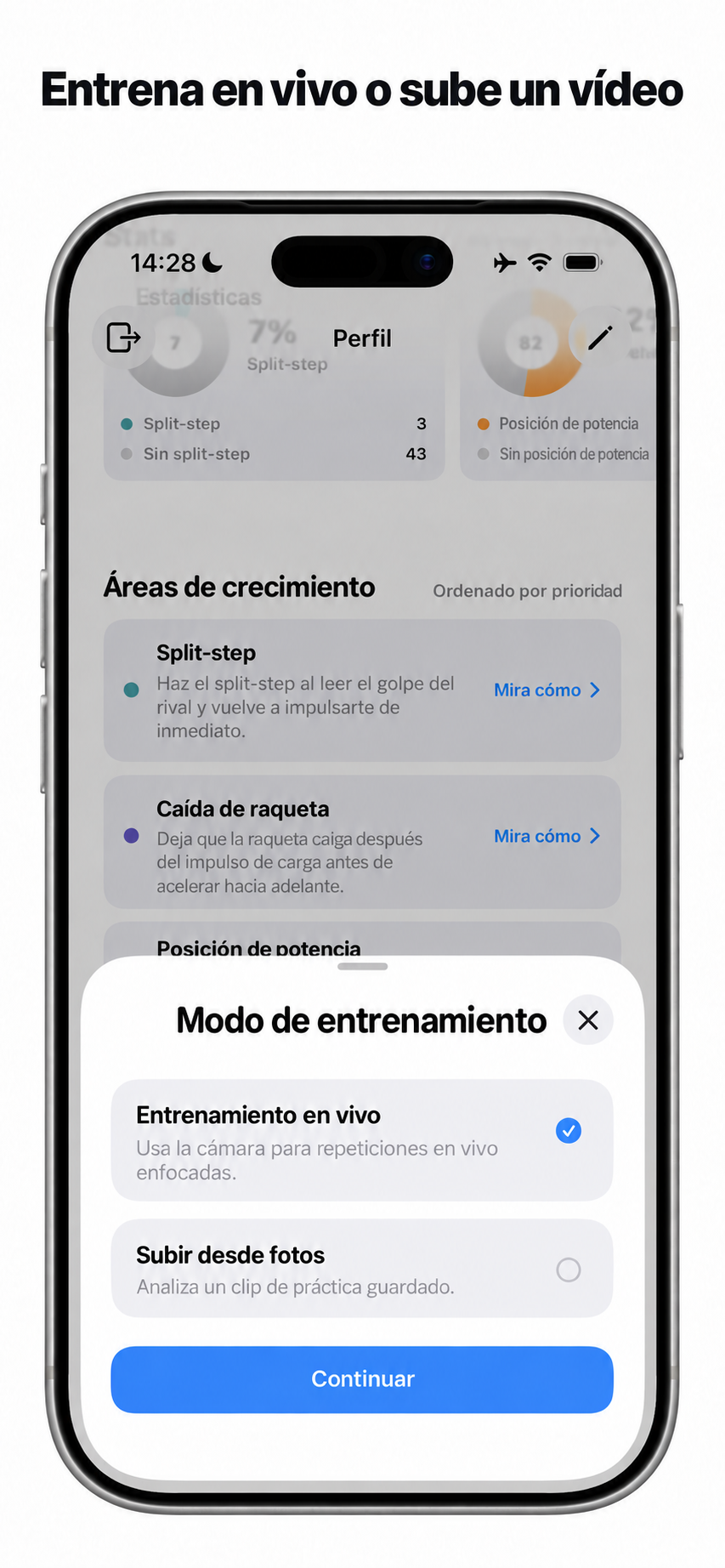 Elige entrenar en directo o subir un vídeo desde Fotos